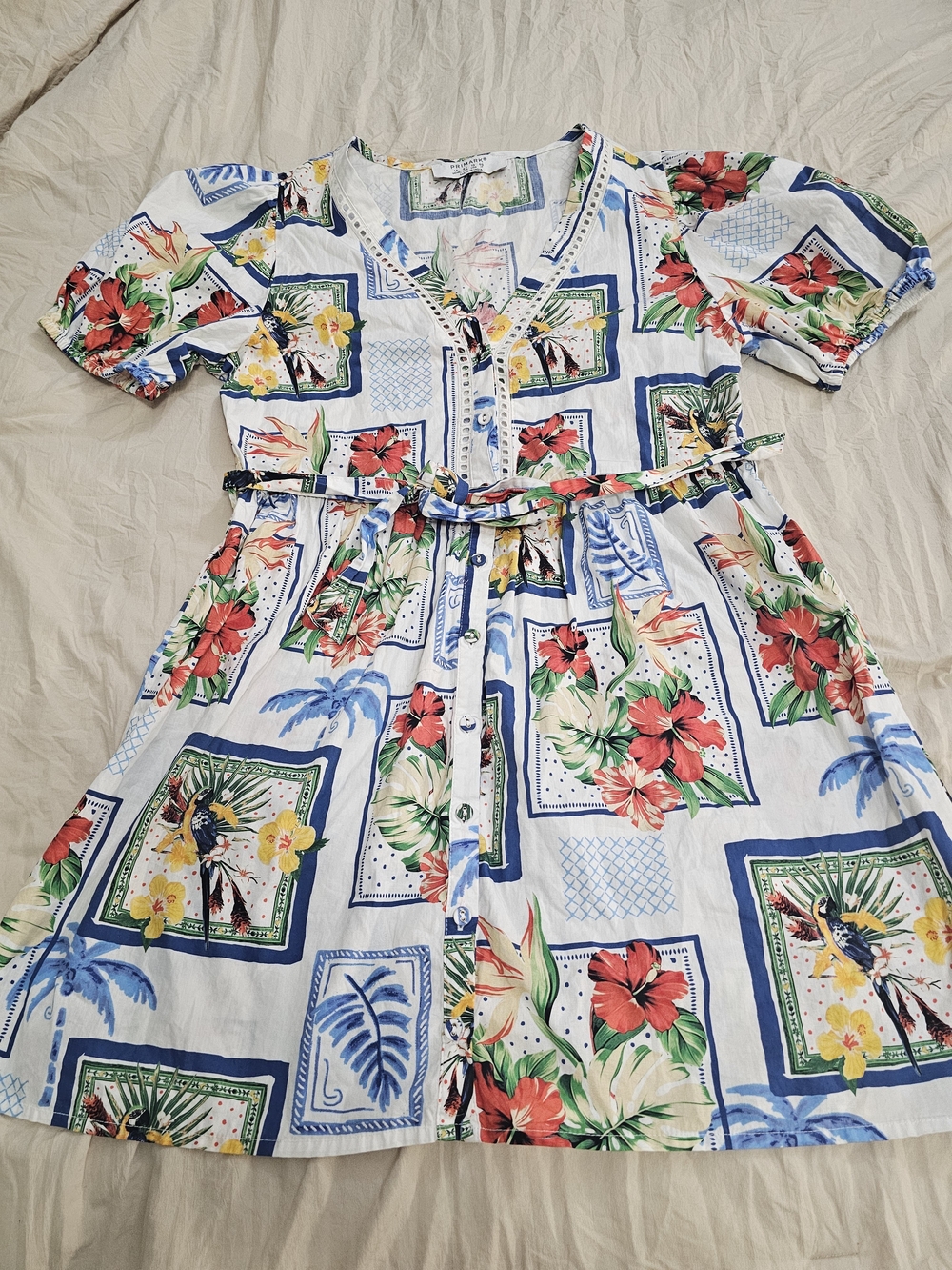 Primark White Floral Button-Front Dress with Red, Blue & Green Accents